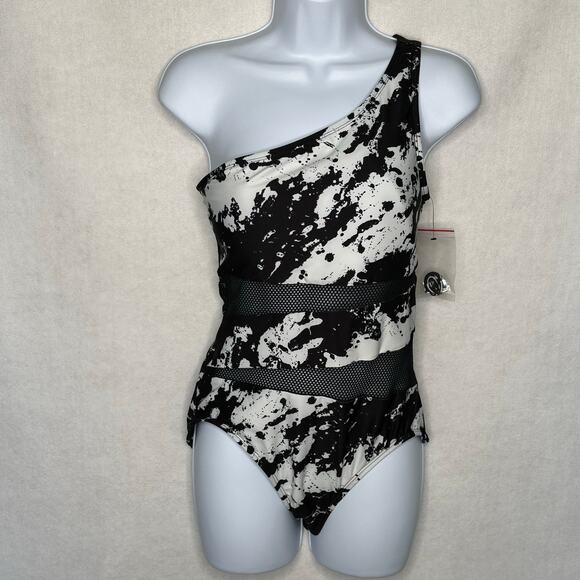 NWOT Carmen Marc Valvo One-Shoulder Mesh Cutout Swimsuit Black/White – Size 10 - Picture 3 of 10